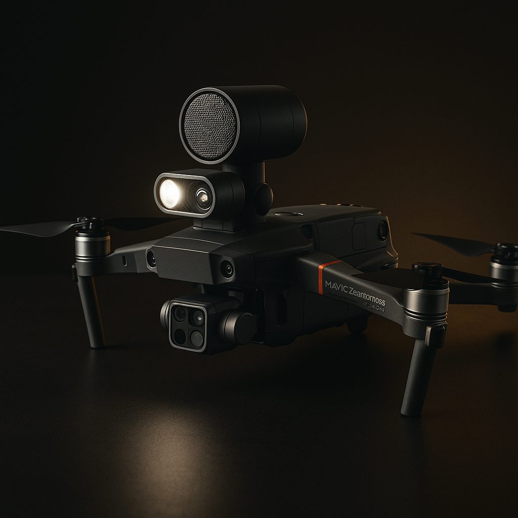 Drone Mavic 2 Enterprise com holofote, alto-falante e câmera dupla, em fundo escuro
