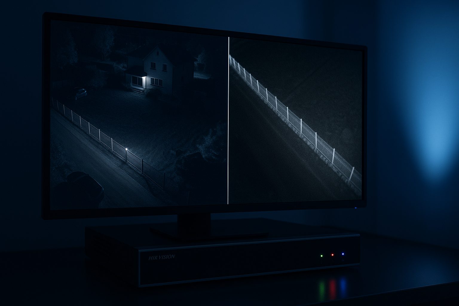 Monitor de segurança com a imagem do drone em tela dividida