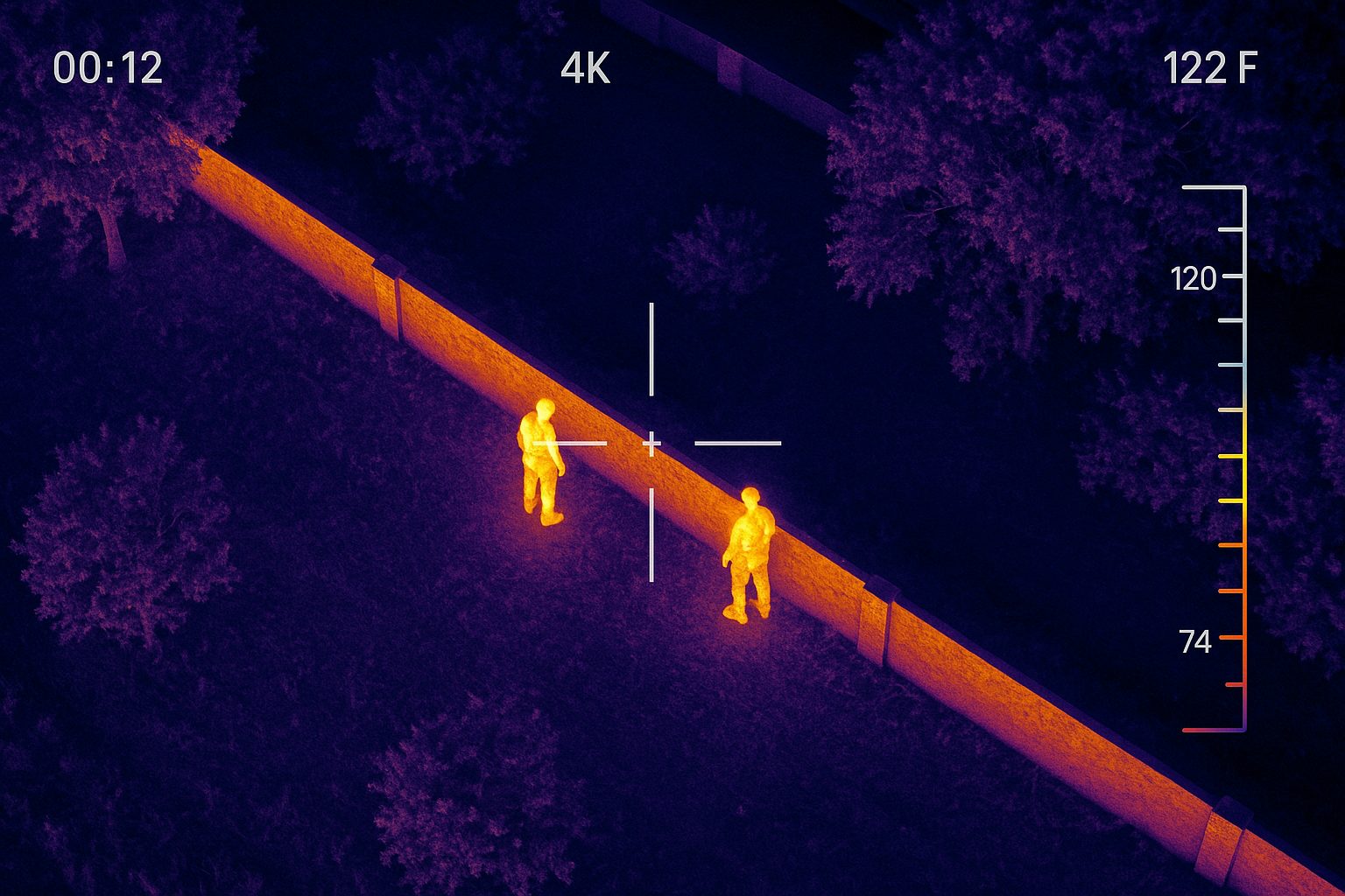Imagem térmica aérea com duas pessoas em destaque junto ao muro do perímetro